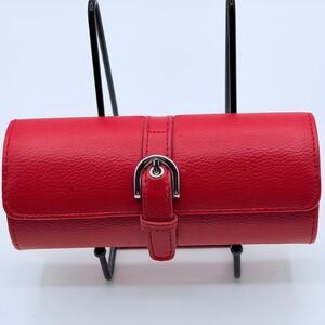 Red Faux Leather Jewely Roll Hard Shell Travel Organizer Case Velvet Interior